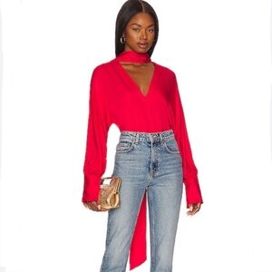 L'Academie Red Long-Sleeve V-Neck Blouse with Scarf Detail
